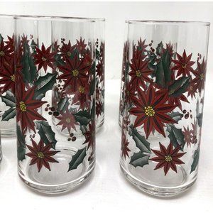 Libbey Poinsettia Glasses Set Of 6 Holly Berries Leaves Vintage Christmas